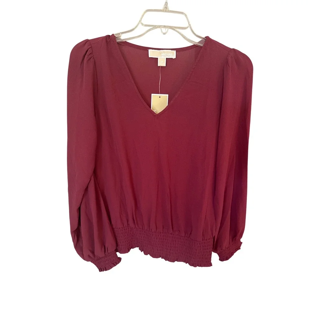 NWT‎ Michael Kors Classic V Neck Long Sleeve Cranberry Blous size XS